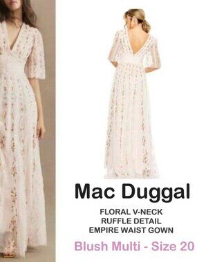 NWOT  Mac Duggal Floral V-Neck Ruffle Detail Empire Waist Gown Blush Multi Sz 20